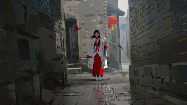 Woman red white hakama shrine free wallpaper for desktop - medium preview image