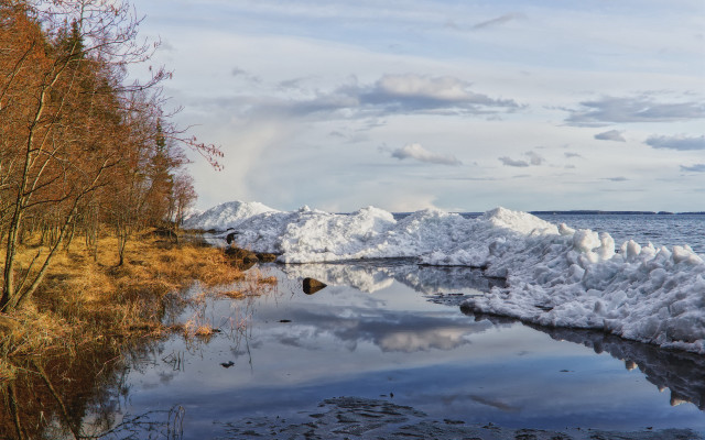 Lake snowy mountains trees cloudy free wallpaper for desktop - medium preview image