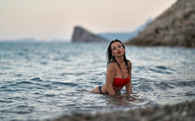 Woman red bikini water rocks free wallpaper for desktop - medium preview image
