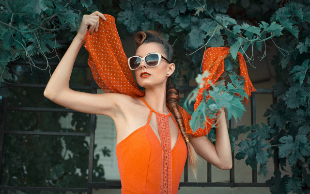 Woman orange dress sunglasses scarf free wallpaper for desktop - medium preview image