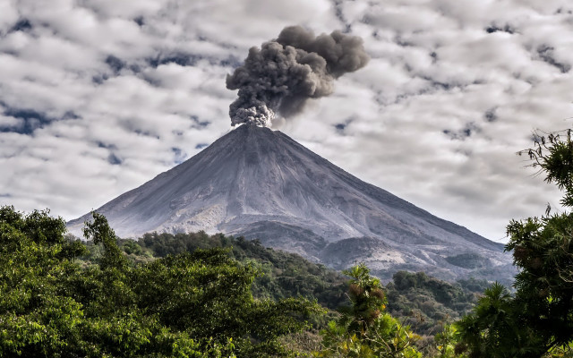 Volcano smoke cloudy sky forest free wallpaper for desktop - medium preview image