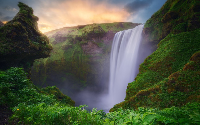 Waterfall cloudy sky mountains forest free wallpaper for desktop - medium preview image