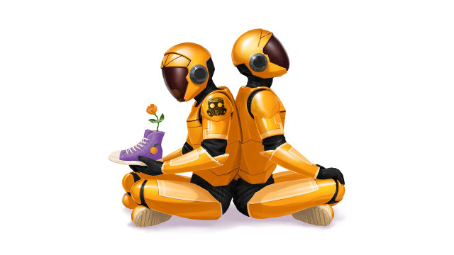 Two people orange suits flower #2 free wallpaper for desktop - medium preview image