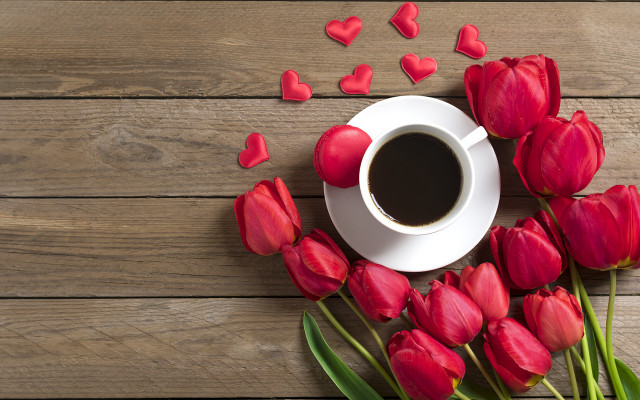 Coffee tulips wooden table hearts free wallpaper for desktop - medium preview image