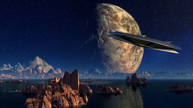 Futuristic space station mountain moon free wallpaper for desktop - medium preview image