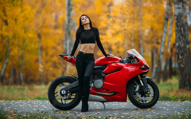 Woman motorcycle autumn leaves cinematic free wallpaper for desktop - medium preview image