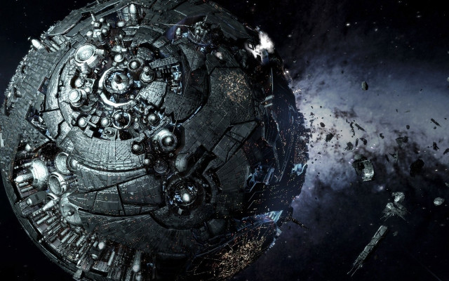 Space station debris aurora moon free wallpaper for desktop - medium preview image