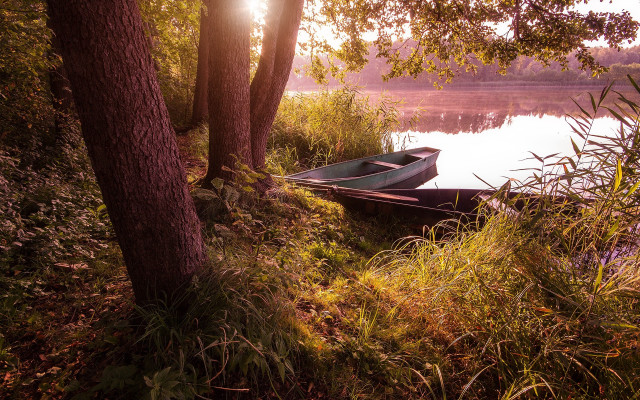 Lake shore boat autumn leaves free wallpaper for desktop - medium preview image