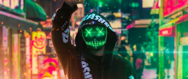 Neon man city night cyberpunk free wallpaper for desktop - medium preview image
