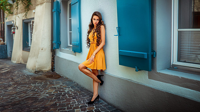 Woman yellow dress blue shutters free wallpaper for desktop - medium preview image