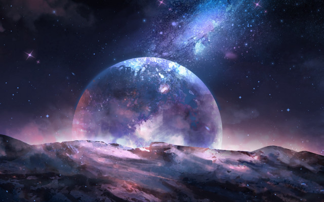 Earth planet mountains starry sky free wallpaper for desktop - medium preview image