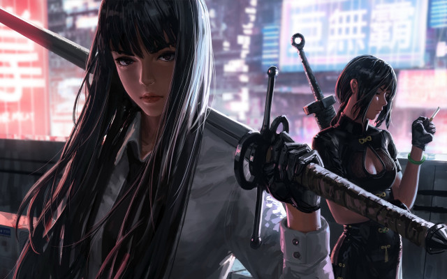 Anime girls cyberpunk city sword free wallpaper for desktop - medium preview image