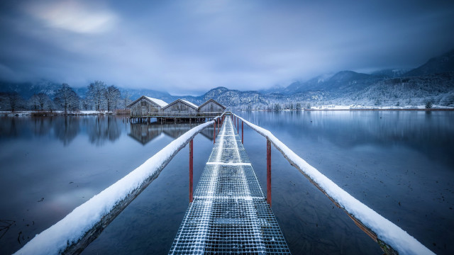 Dock snowy lake houses mountains free wallpaper for desktop - medium preview image