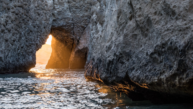 Cave entrance water sunset forest free wallpaper for desktop - medium preview image