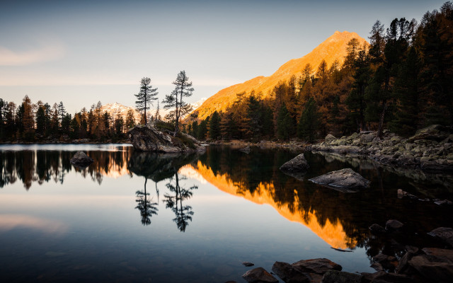 Lake trees rocks mountain dusk free wallpaper for desktop - medium preview image