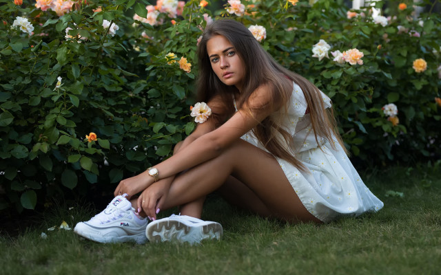 Elina karimova woman sitting flower free wallpaper for desktop - medium preview image