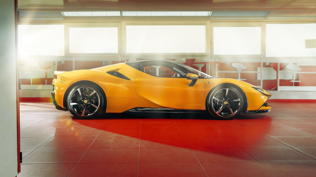 Yellow sports car garage red free wallpaper for desktop - medium preview image