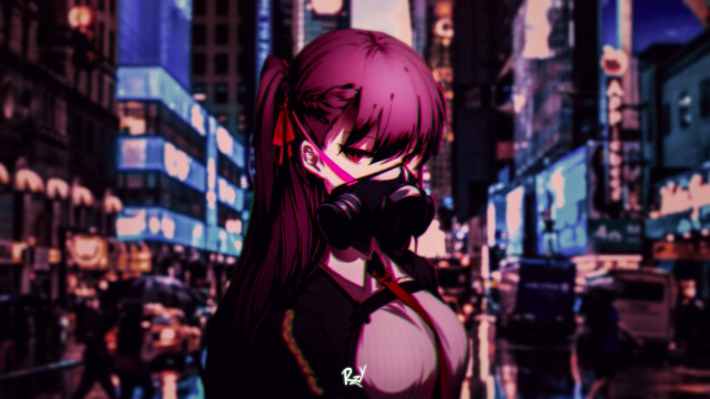 Cyberpunk gasmask woman city bokeh free wallpaper for desktop - medium preview image