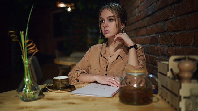 Woman coffee book flower brick free wallpaper for desktop - medium preview image