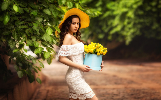 Yellow hat flower bucket outdoors free wallpaper for desktop - medium preview image