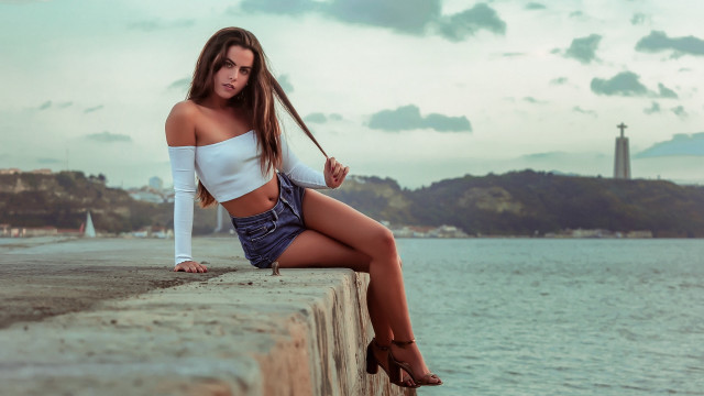 Woman ocean lighthouse portrait beach free wallpaper for desktop - medium preview image