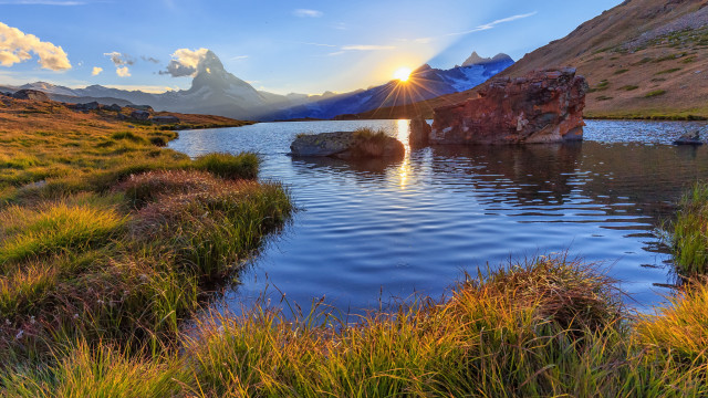 Lake mountains grass sun cloud free wallpaper for desktop - medium preview image