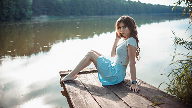 Woman dock lake tree portrait free wallpaper for desktop - medium preview image