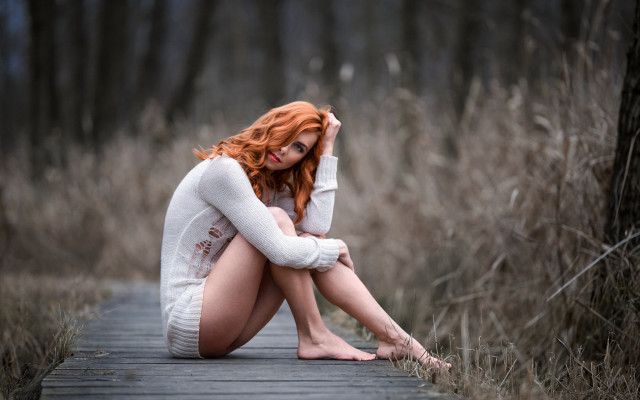 Red haired woman forest sitting #2 free wallpaper for desktop - medium preview image