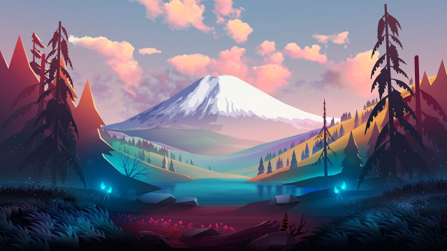 Mountain lake trees sunset fantasy free wallpaper for desktop - medium preview image