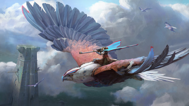 Woman riding bird sword clouds free wallpaper for desktop - medium preview image