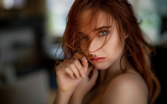 Red haired woman portrait hand free wallpaper for desktop - medium preview image