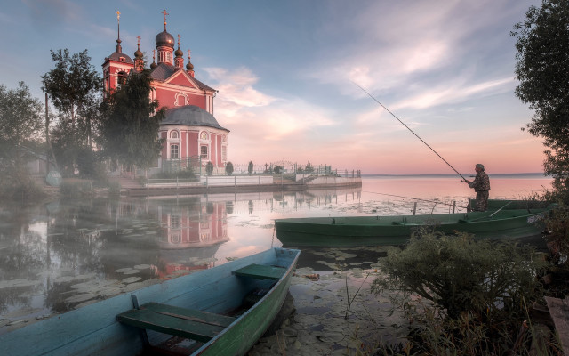 Fishing lake boat church sunset free wallpaper for desktop - medium preview image