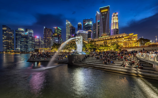 Cherry fountain city skyline night free wallpaper for desktop - medium preview image