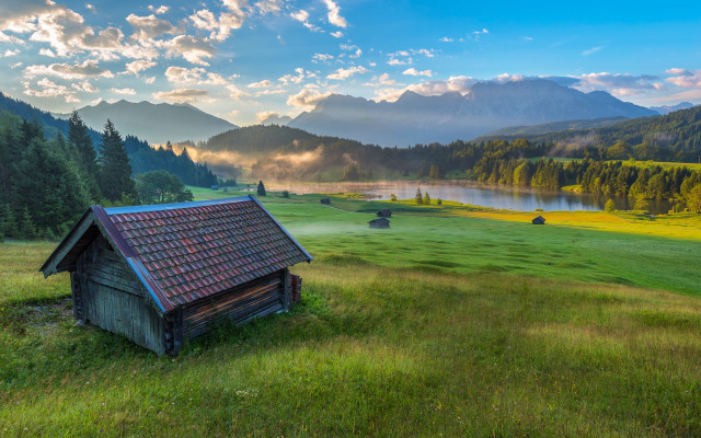 Small cabin lake mountains clouds free wallpaper for desktop - medium preview image