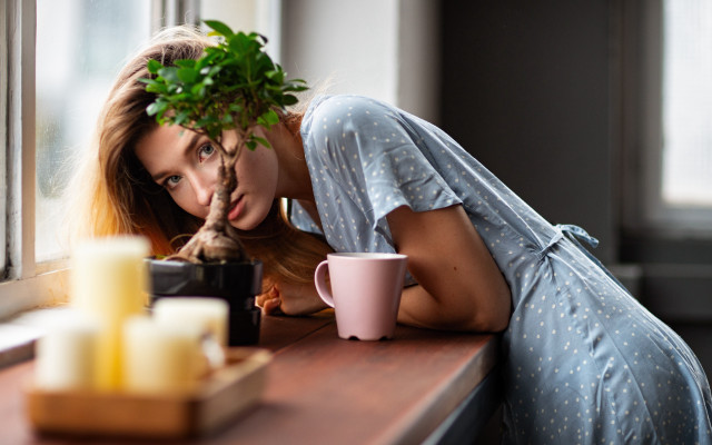 Woman coffee plant portrait blurry free wallpaper for desktop - medium preview image