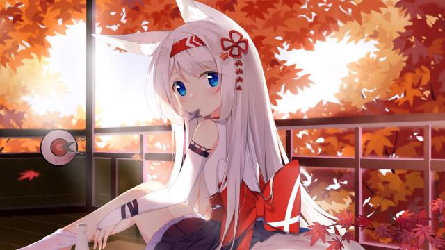 White hair balcony leaves fox free wallpaper for desktop - medium preview image