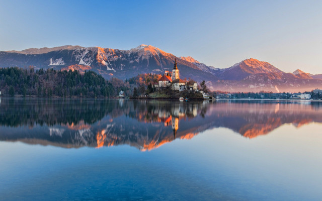 Small island church lake mountains free wallpaper for desktop - medium preview image