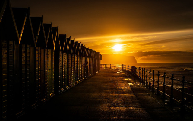 Pier sunset cityscape fence reflection free wallpaper for desktop - medium preview image
