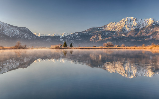 Lake house mountains sunset landscape free wallpaper for desktop - medium preview image
