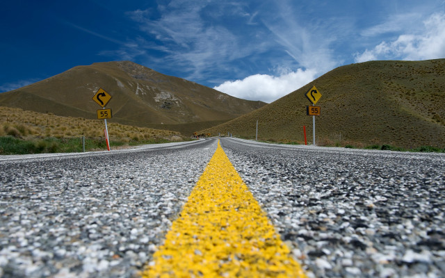Yellow road yellow signs mountain free wallpaper for desktop - medium preview image