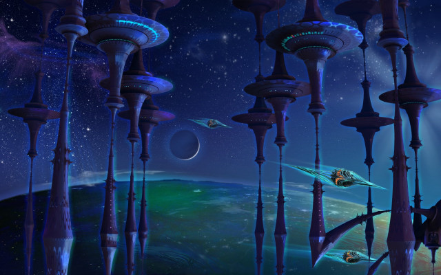 Futuristic city spaceship planet afrofuturism free wallpaper for desktop - medium preview image