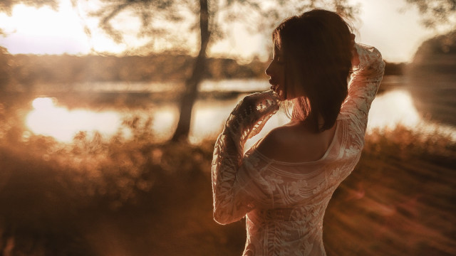 Woman lake trees white dress free wallpaper for desktop - medium preview image