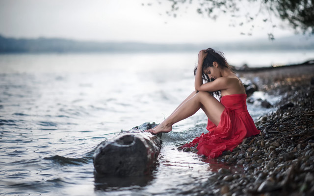 Woman red dress lake rock free wallpaper for desktop - medium preview image