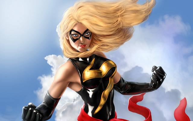 Superhero flying blonde mask ribbon free wallpaper for desktop - medium preview image