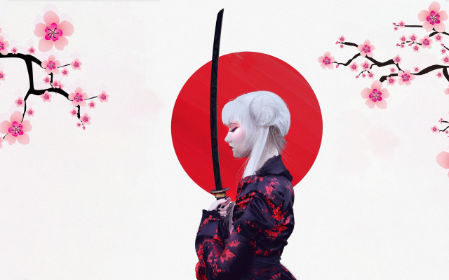 Woman kimono sword cherryblossom redmoon free wallpaper for desktop - medium preview image