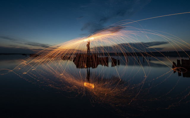 Person dock firework water city free wallpaper for desktop - medium preview image