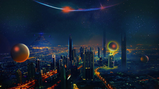Futuristic city night planet skyline free wallpaper for desktop - medium preview image