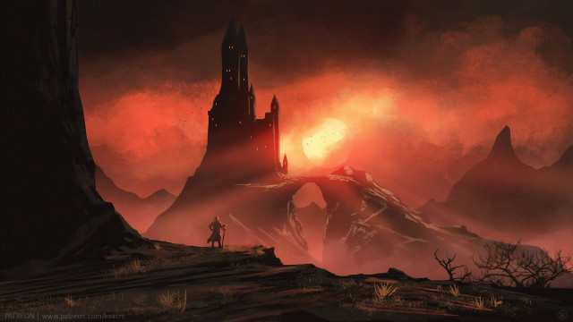 Castle mountain range red sky free wallpaper for desktop - medium preview image