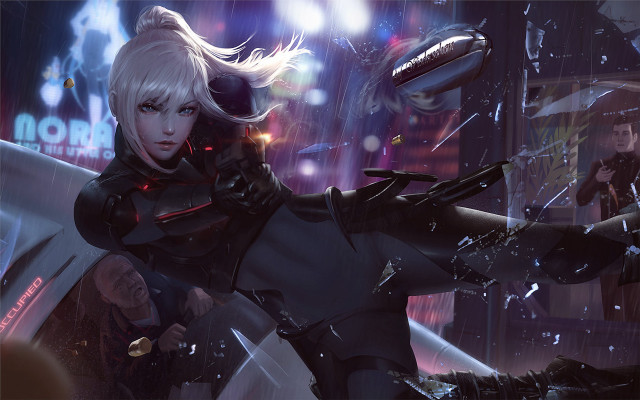 Futuristic woman city night cyberpunk free wallpaper for desktop - medium preview image