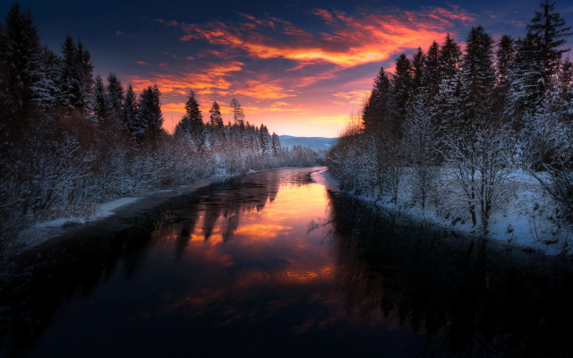 River sunset trees snow winter free wallpaper for desktop - medium preview image
